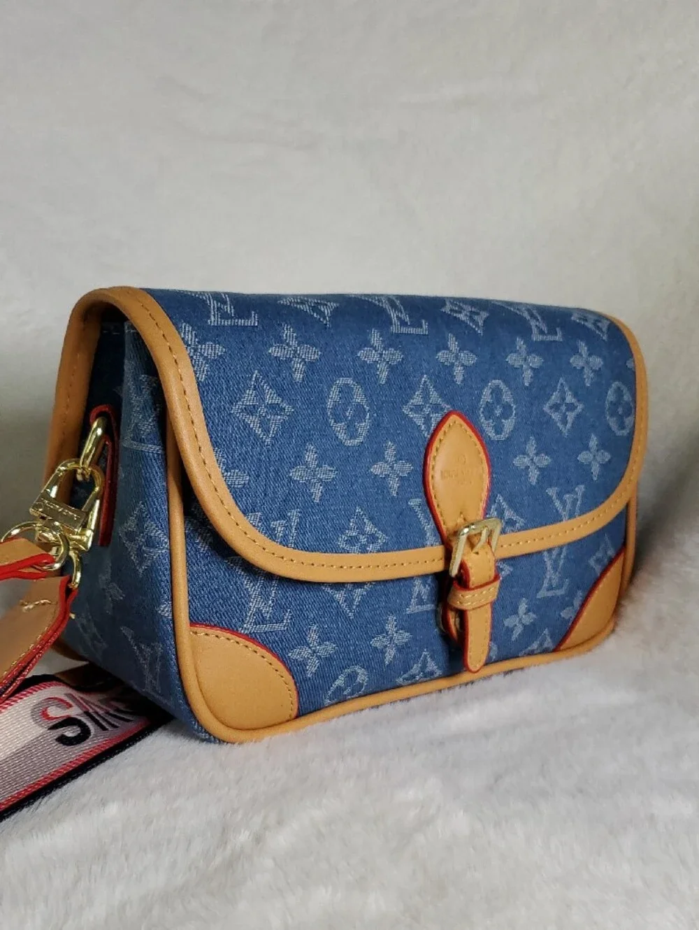Blue Monogram Denim Crossbody with Tan Trim and Pink Accent Strap